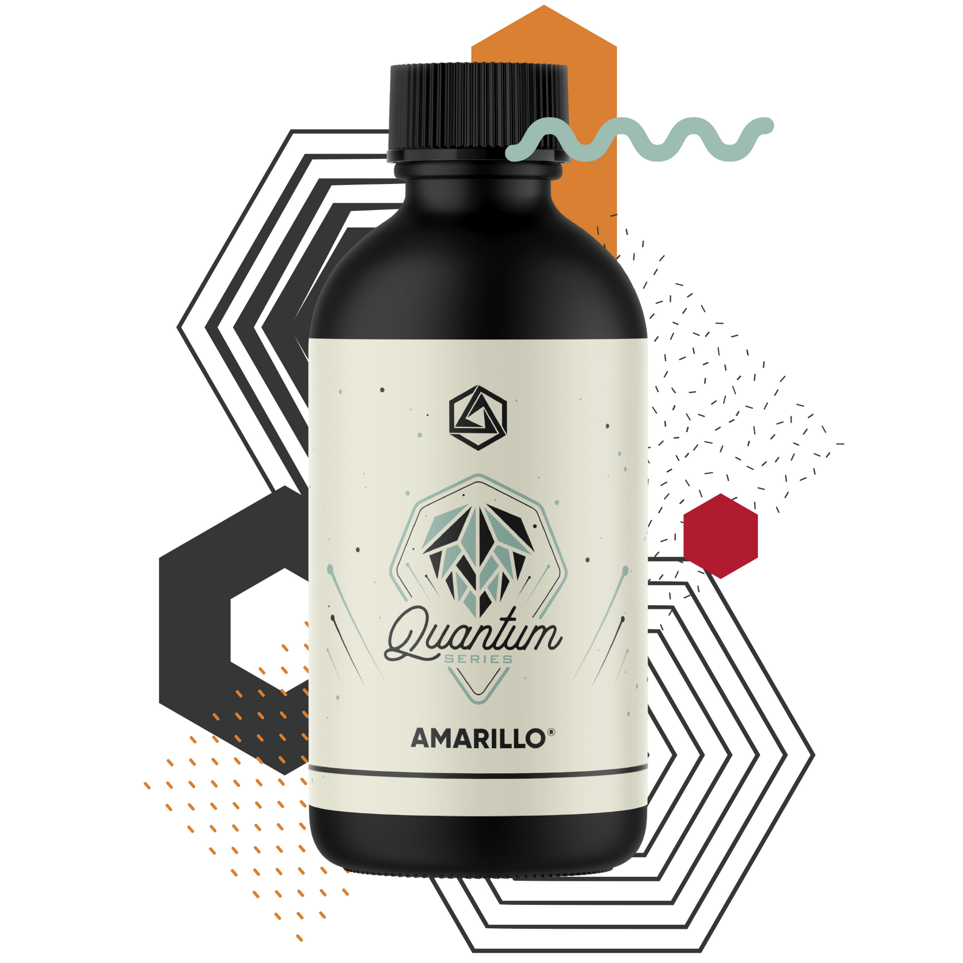 Black bottle with a white label featuring 'Quantum Series Amarillo' on a white background