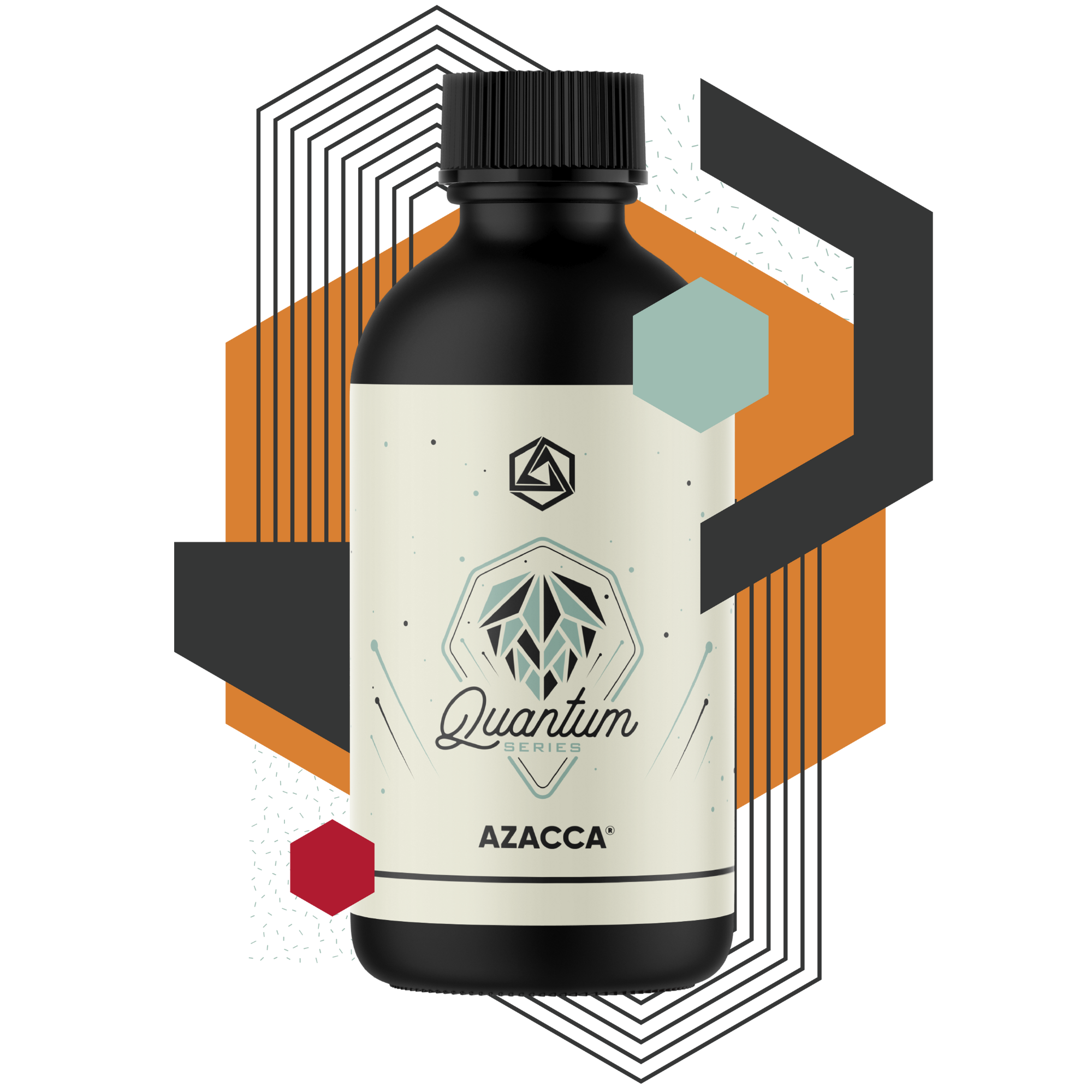 Bottle of Azacca Quantum Series with geometric design elements on a white background