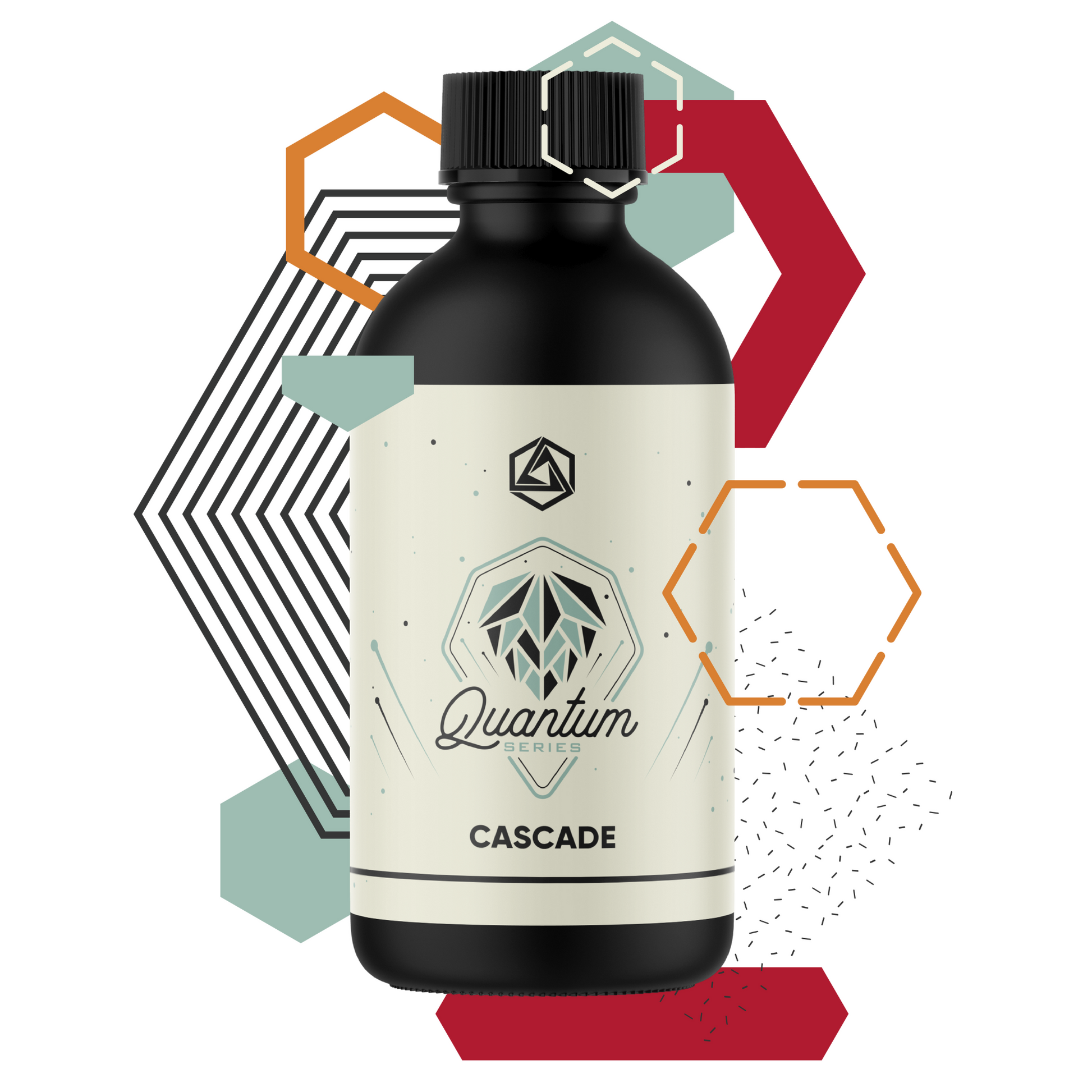 Black bottle labeled 'Quantum Series Cascade' with geometric shapes in the background