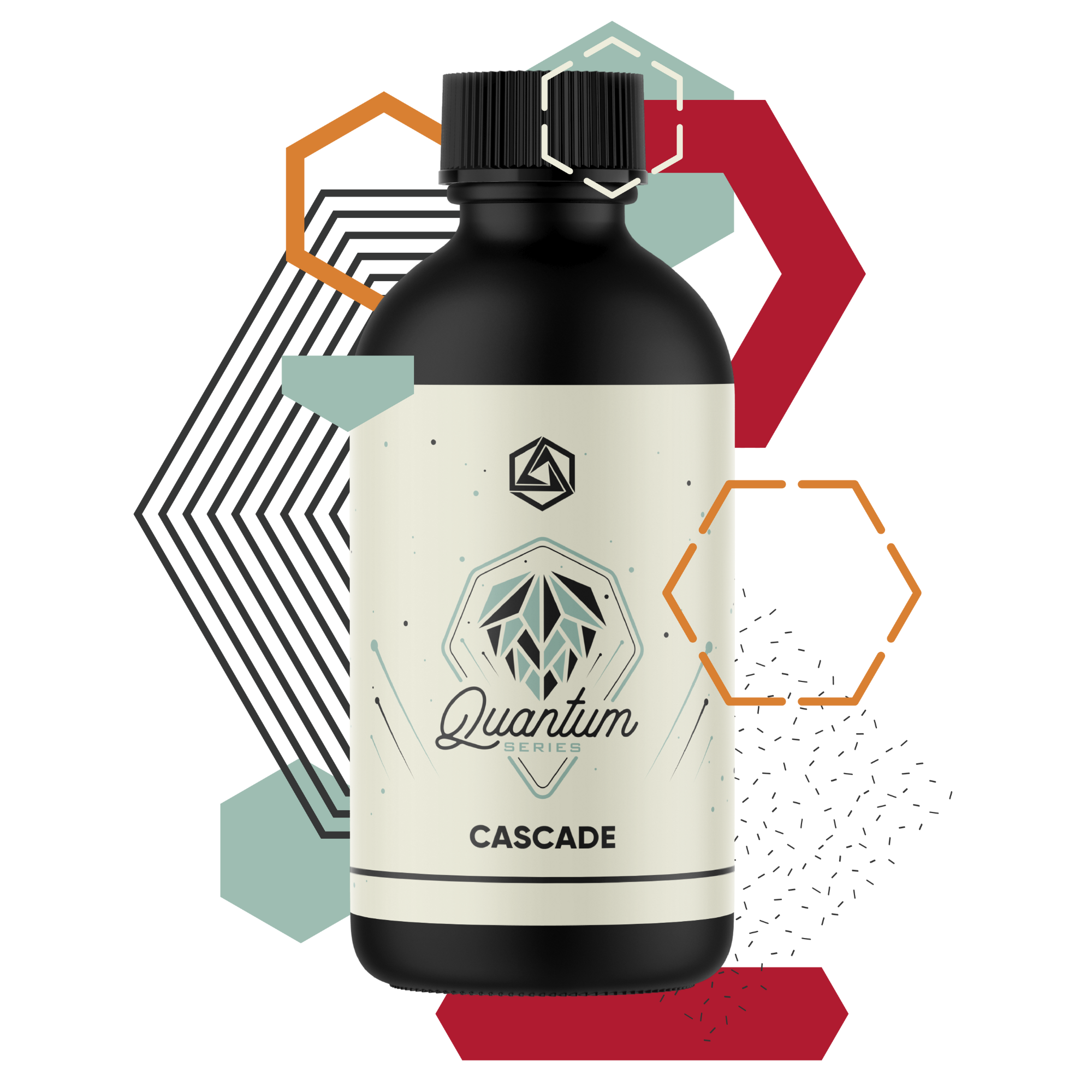 Black bottle labeled 'Quantum Series Cascade' with geometric shapes in the background