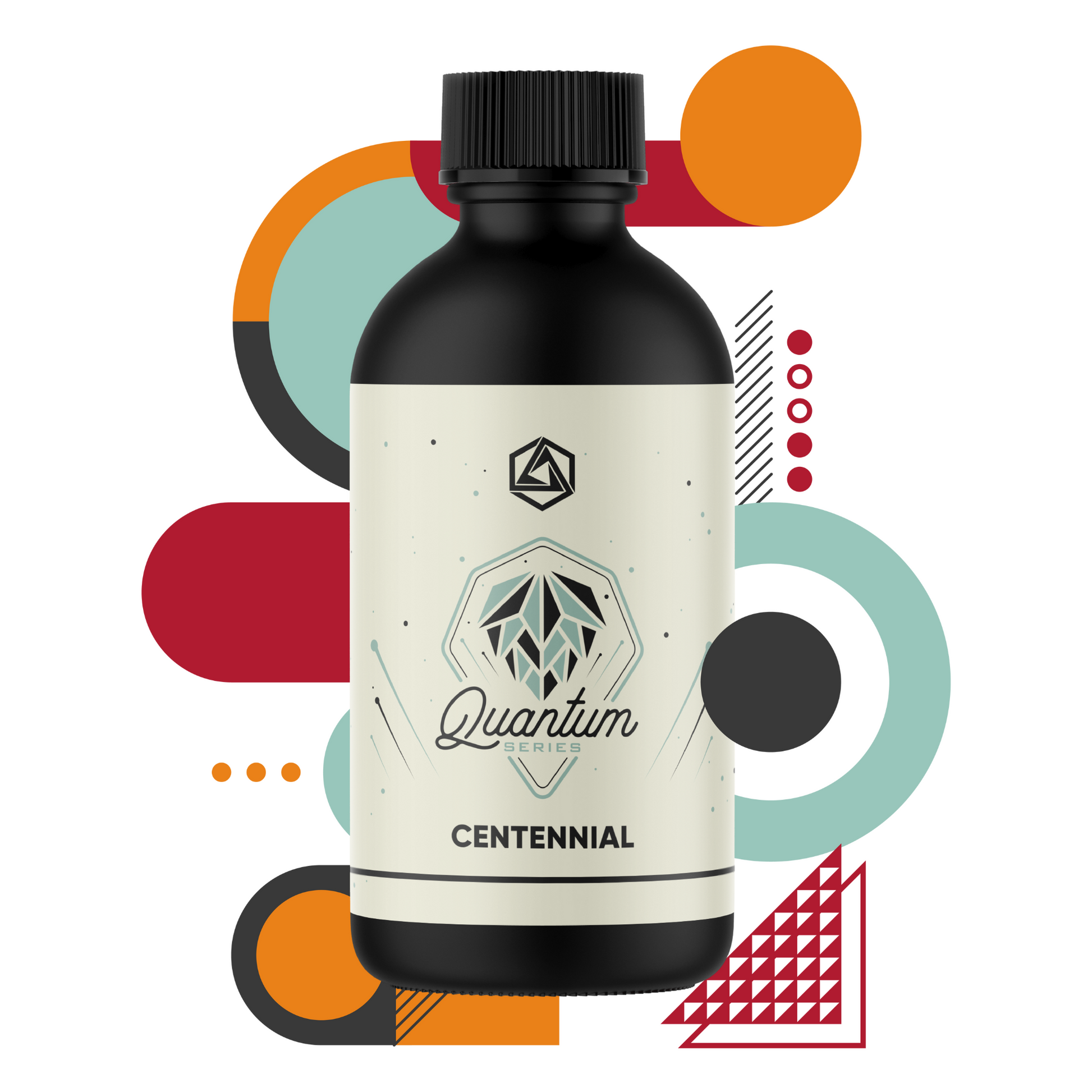 Bottle labeled 'Quantum Series Centennial' with geometric shapes on a white background