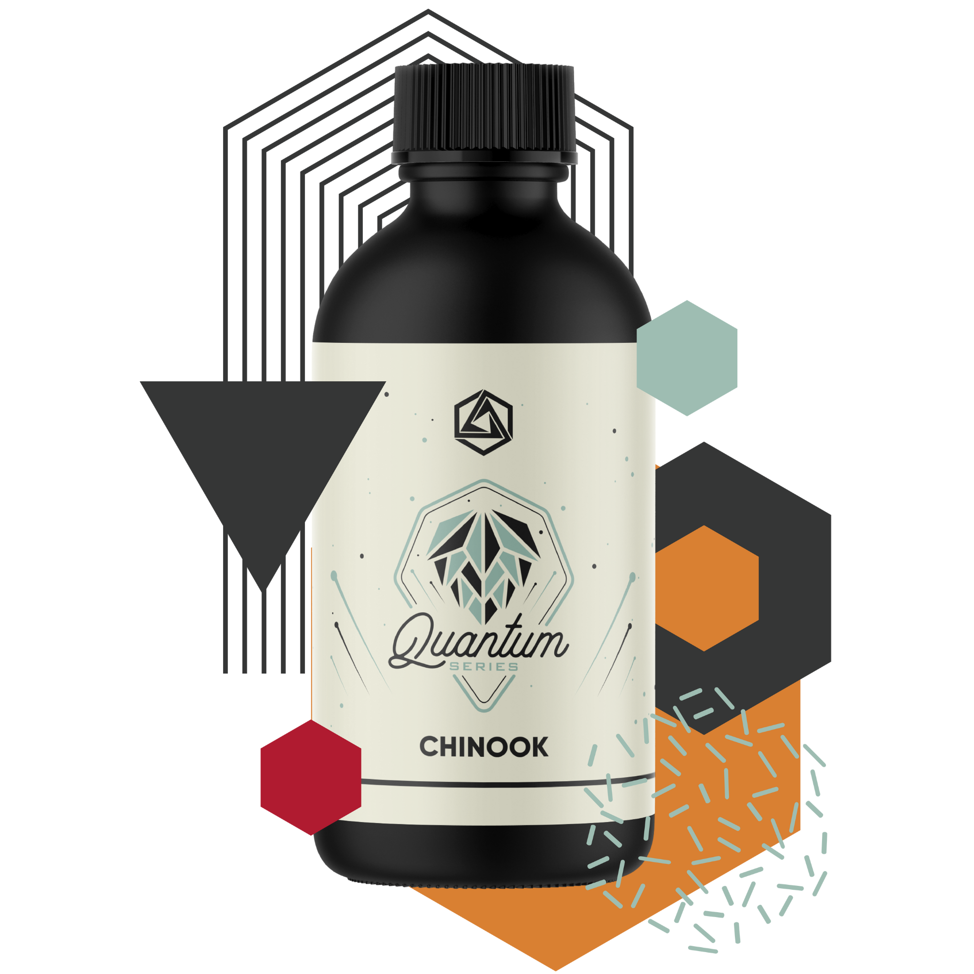 Bottle labeled 'Quantum Series Chinook' with geometric shapes on a white background