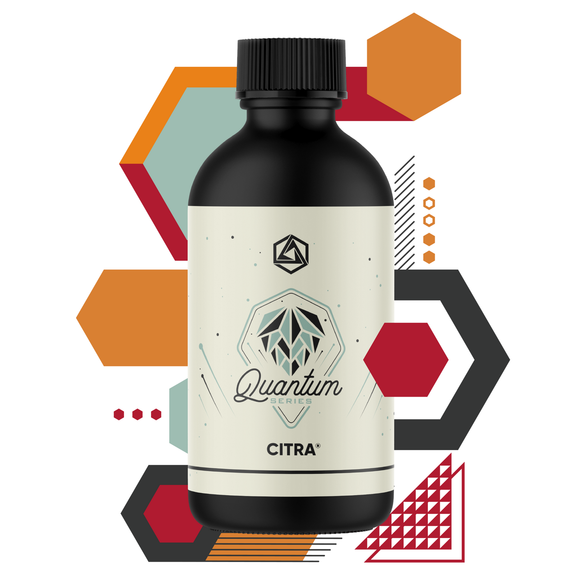 Bottle labeled 'Quantum Series Citra' with geometric shapes on a white background