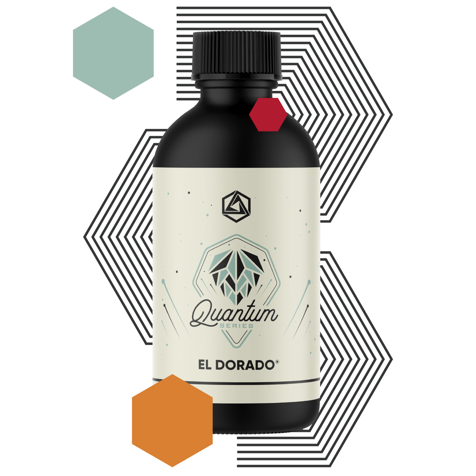 Bottle of Quantum Series El Dorado with geometric design elements on a white background