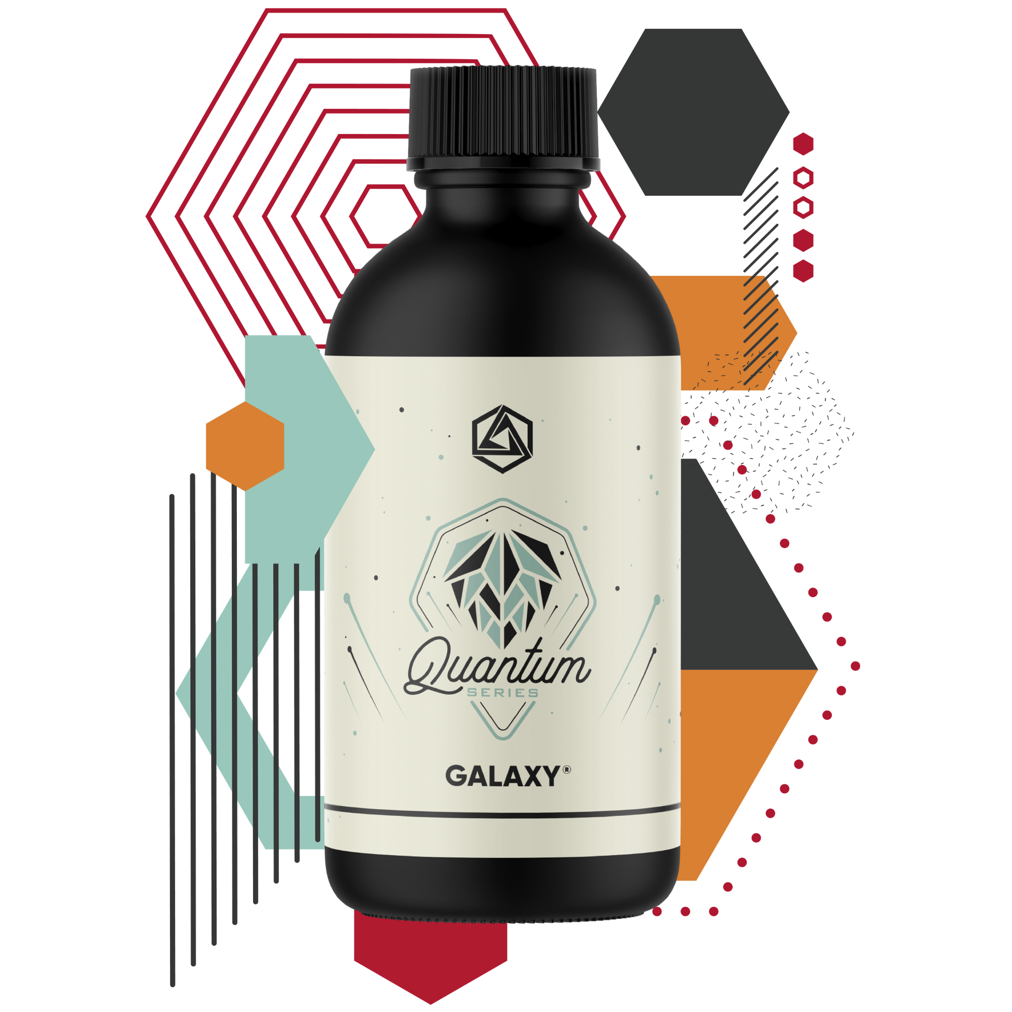 Black bottle labeled 'Quantum Series Galaxy' with geometric shapes on a white background