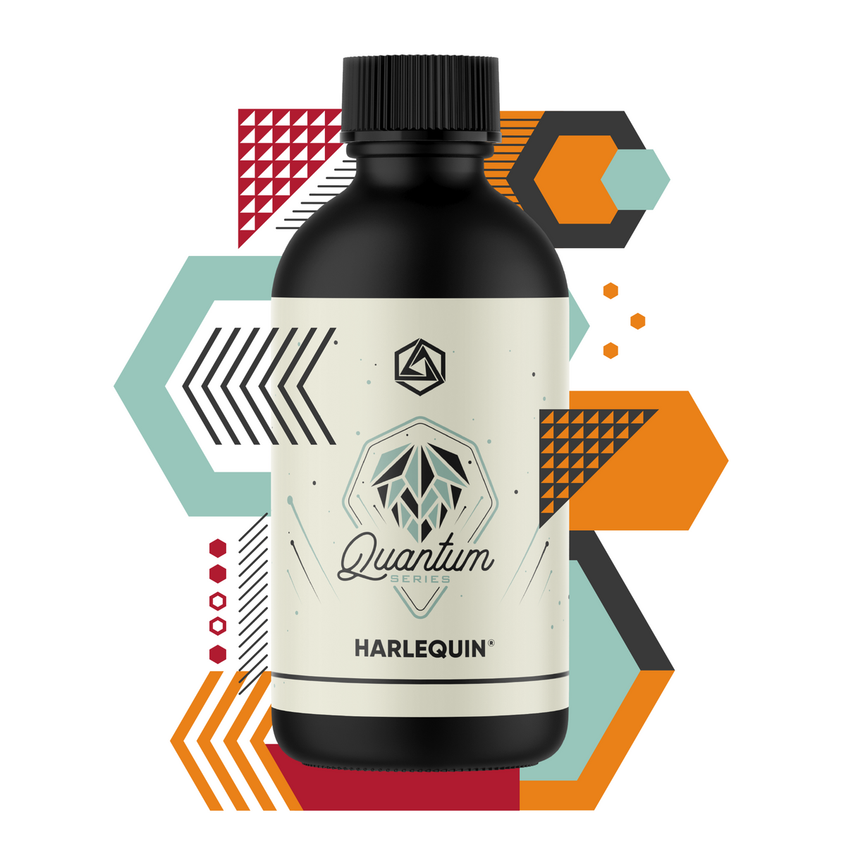 Bottle of Harlequin Quantum with geometric shapes on a white background. harlequin hop extract