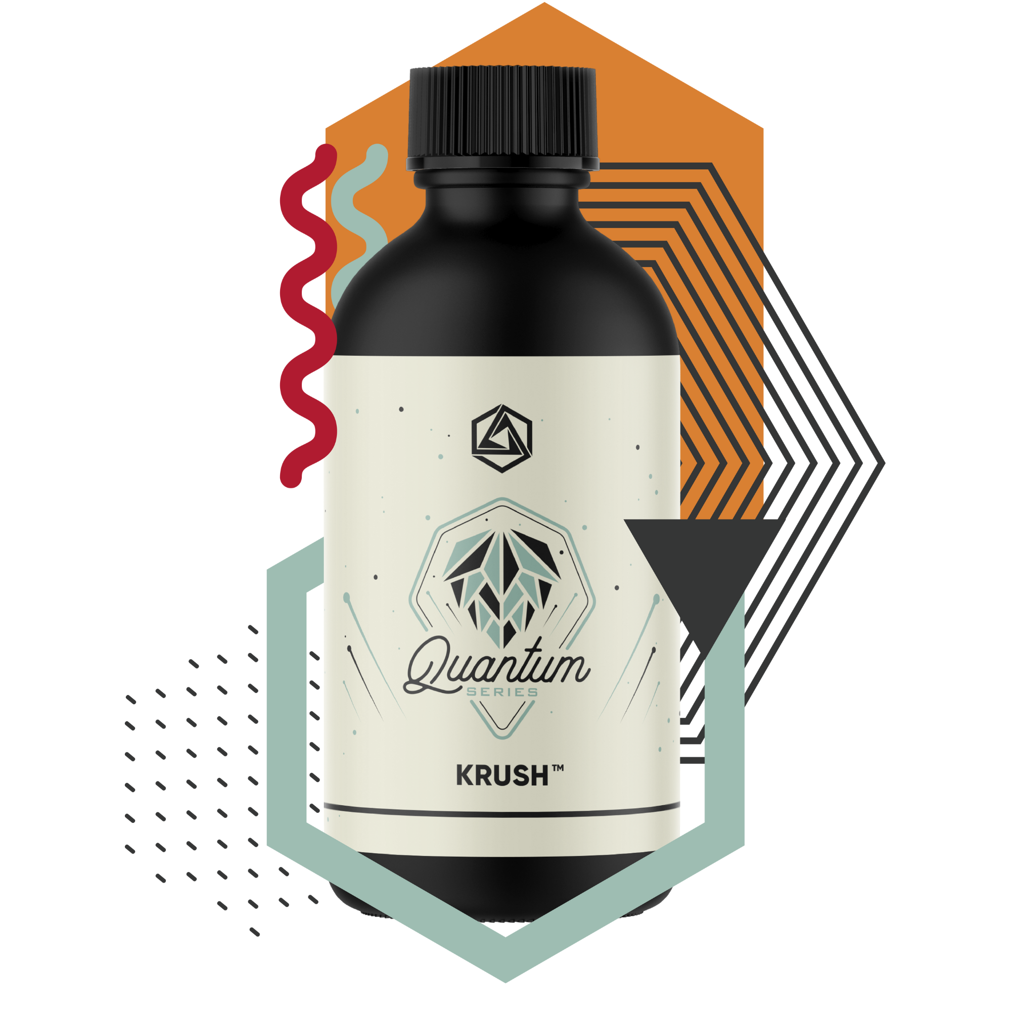 Bottle labeled 'Quantum Series Krush' with geometric design elements on a white background