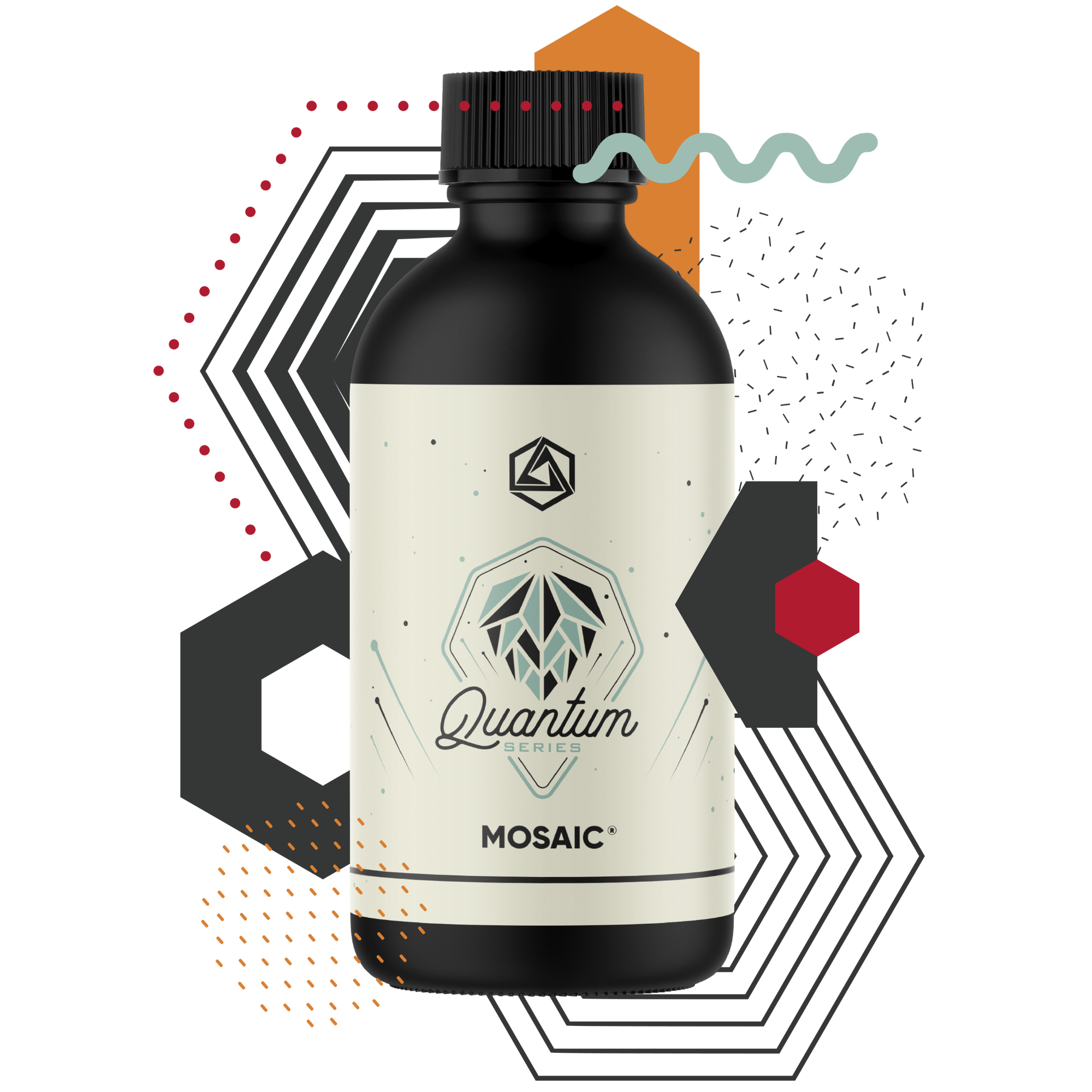 Bottle labeled 'Quantum Series Mosaic' with geometric design elements on a white background