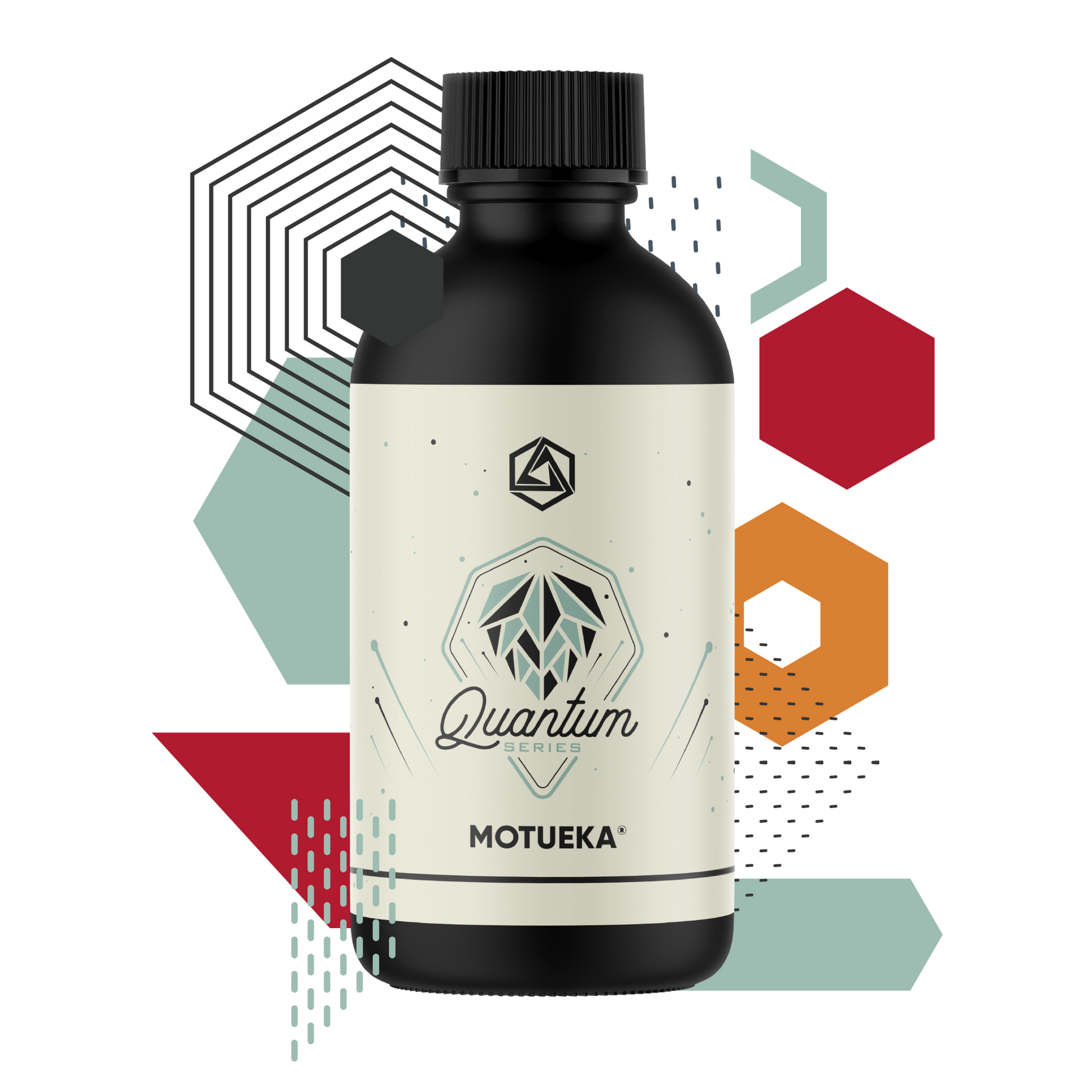 Bottle labeled 'Quantum' by Motueka with geometric shapes in the background