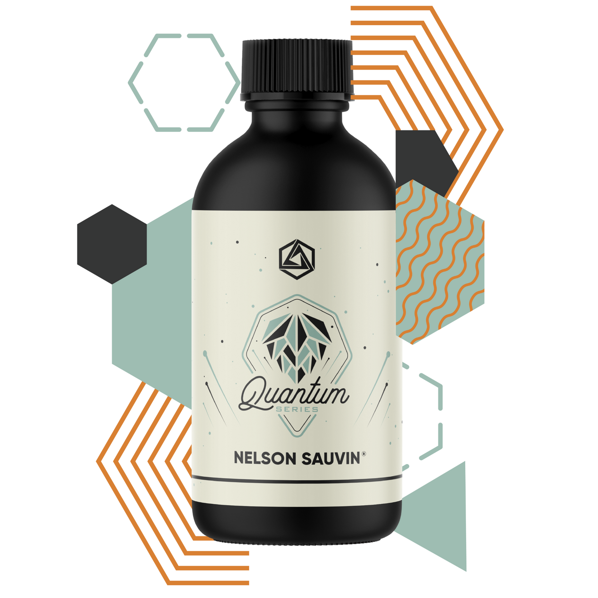 Bottle of Nelson Sauvin with geometric design elements on a white background