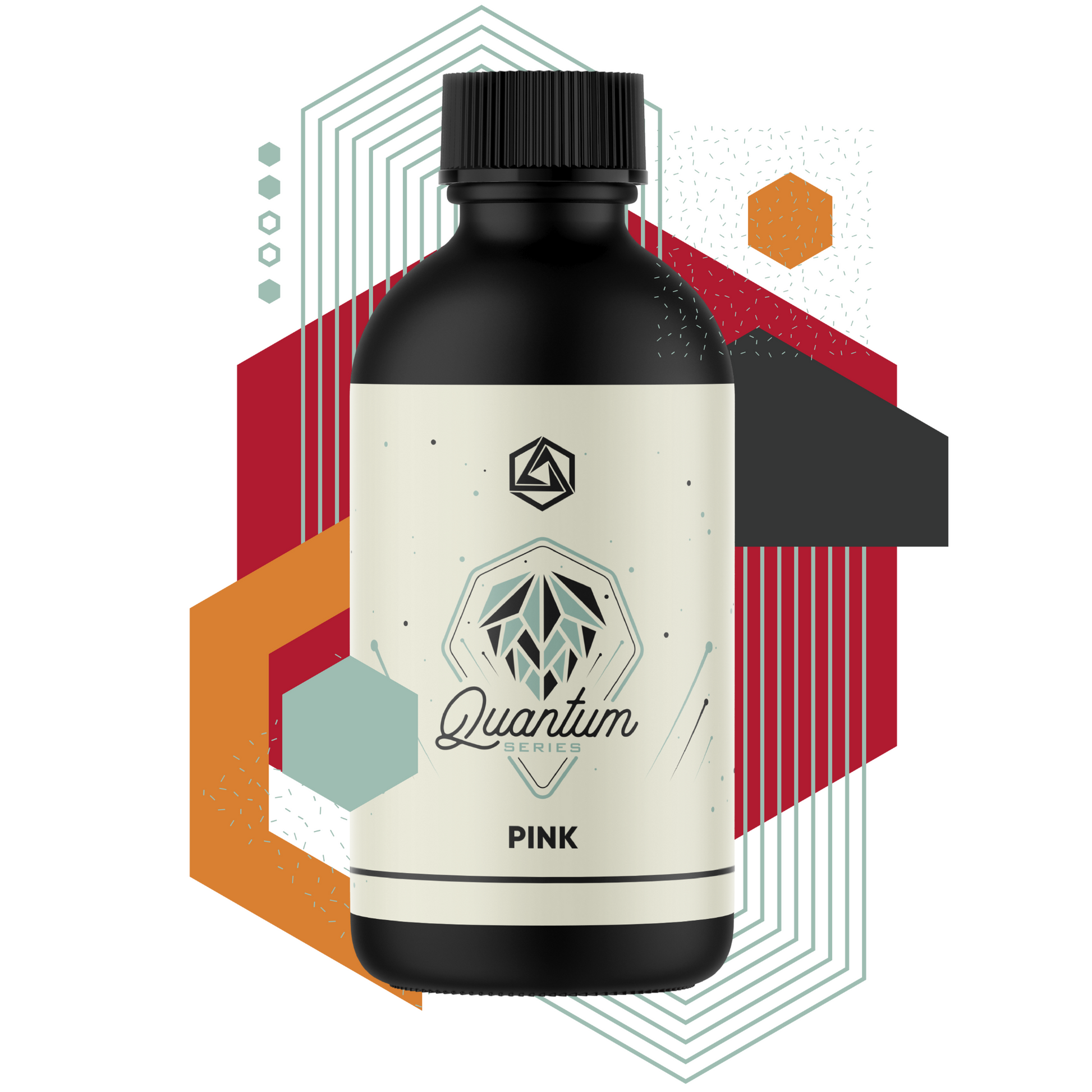 Bottle labeled 'Quantum Pink' with geometric design elements on a white background