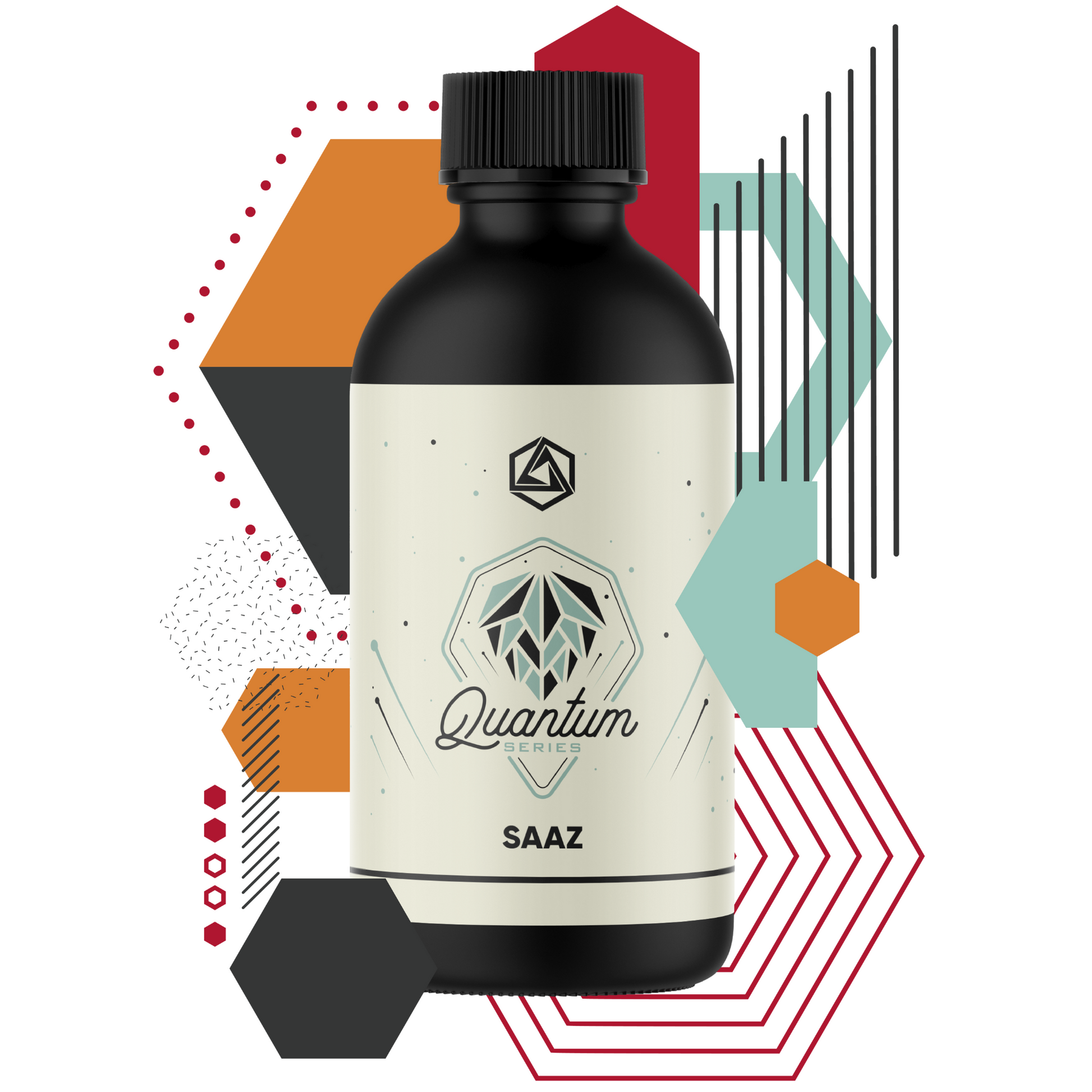 Bottle labeled 'Quantum SAAZ' with geometric shapes on a white background
