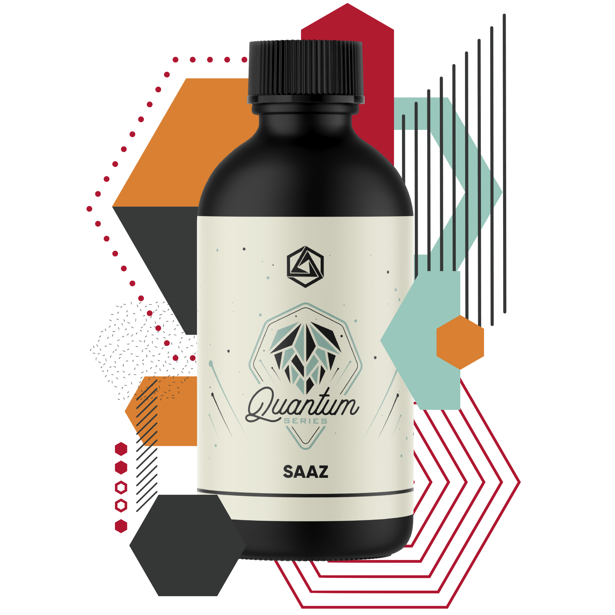 Bottle labeled 'Quantum SAAZ' with geometric shapes on a white background