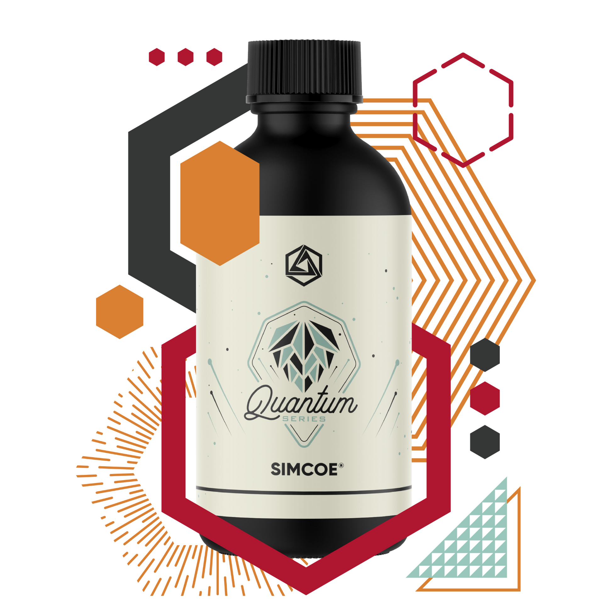 Bottle labeled 'Quantum Simcoe' with geometric shapes on a white background