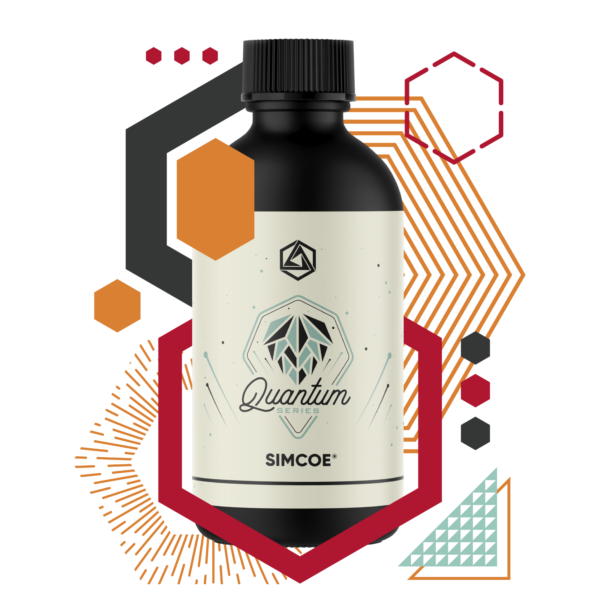 Bottle labeled 'Quantum Simcoe' with geometric shapes on a white background