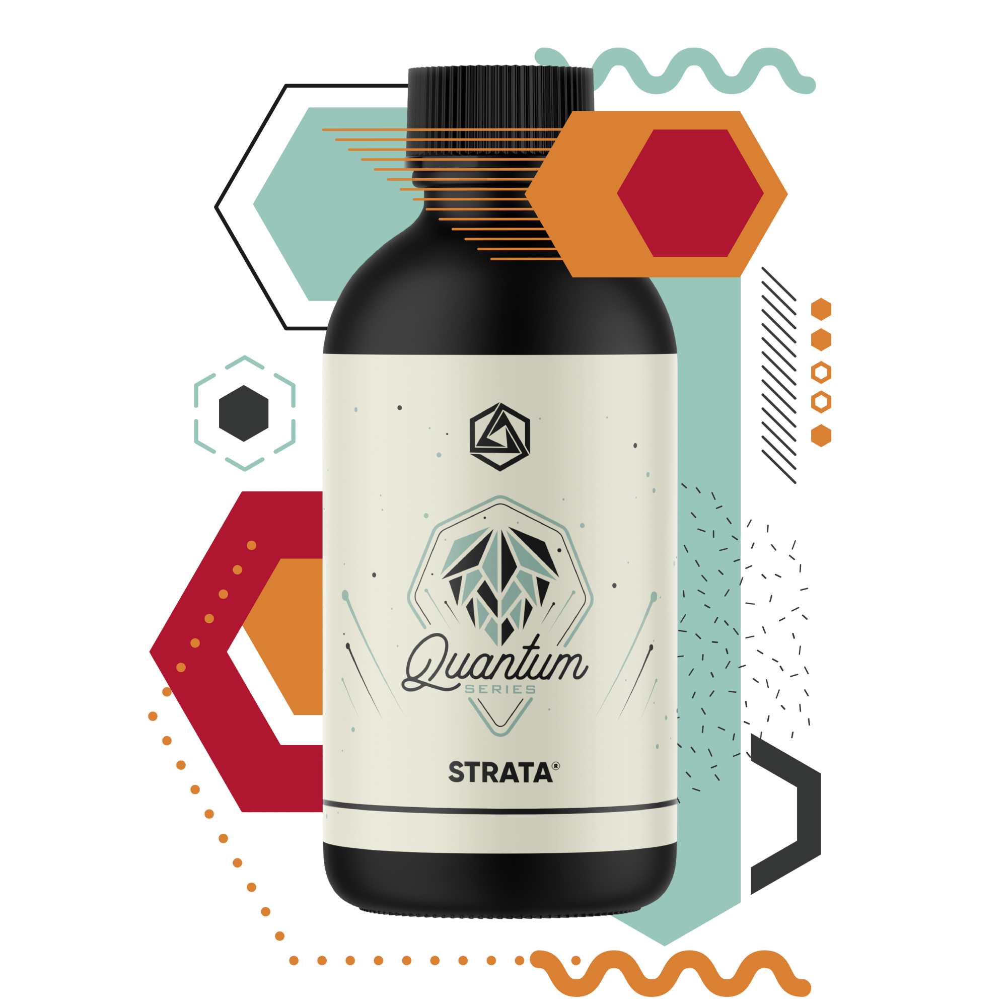 Bottle labeled 'Quantum Series Strata' with geometric shapes on a white background
