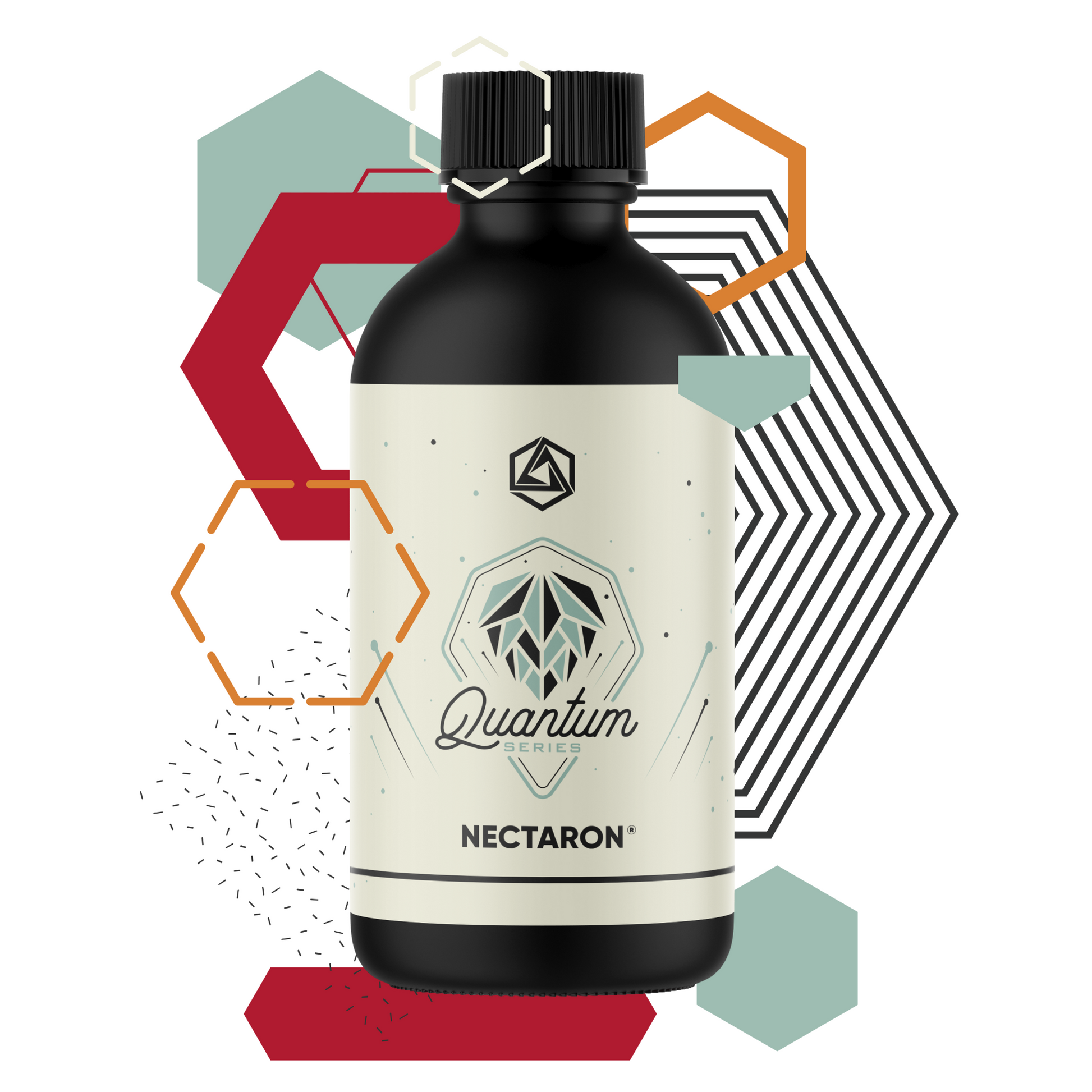 Black bottle labeled 'Quantum Series Nectaron' on a white background with geometric shapes.