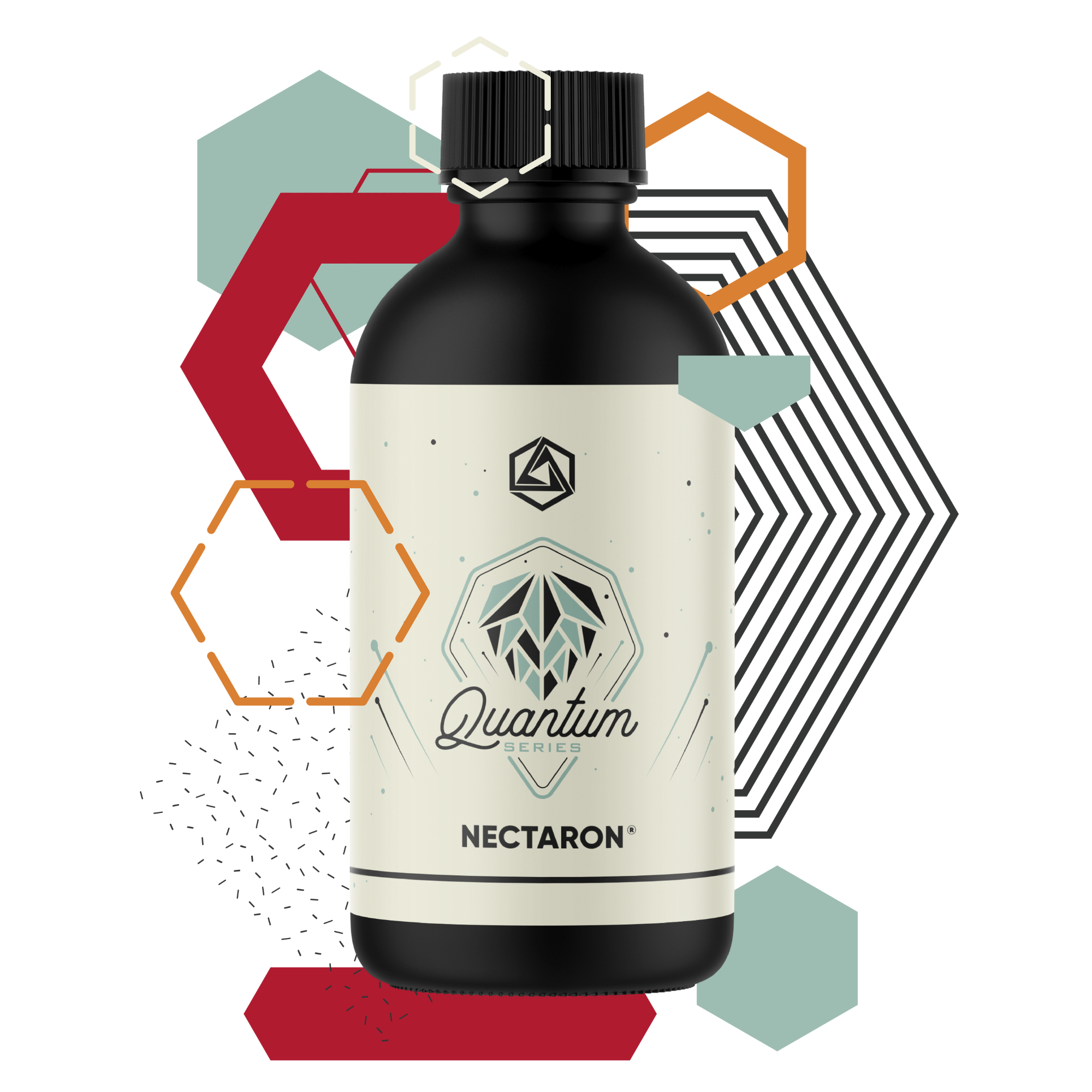 Black bottle labeled 'Quantum Series Nectaron' on a white background with geometric shapes.