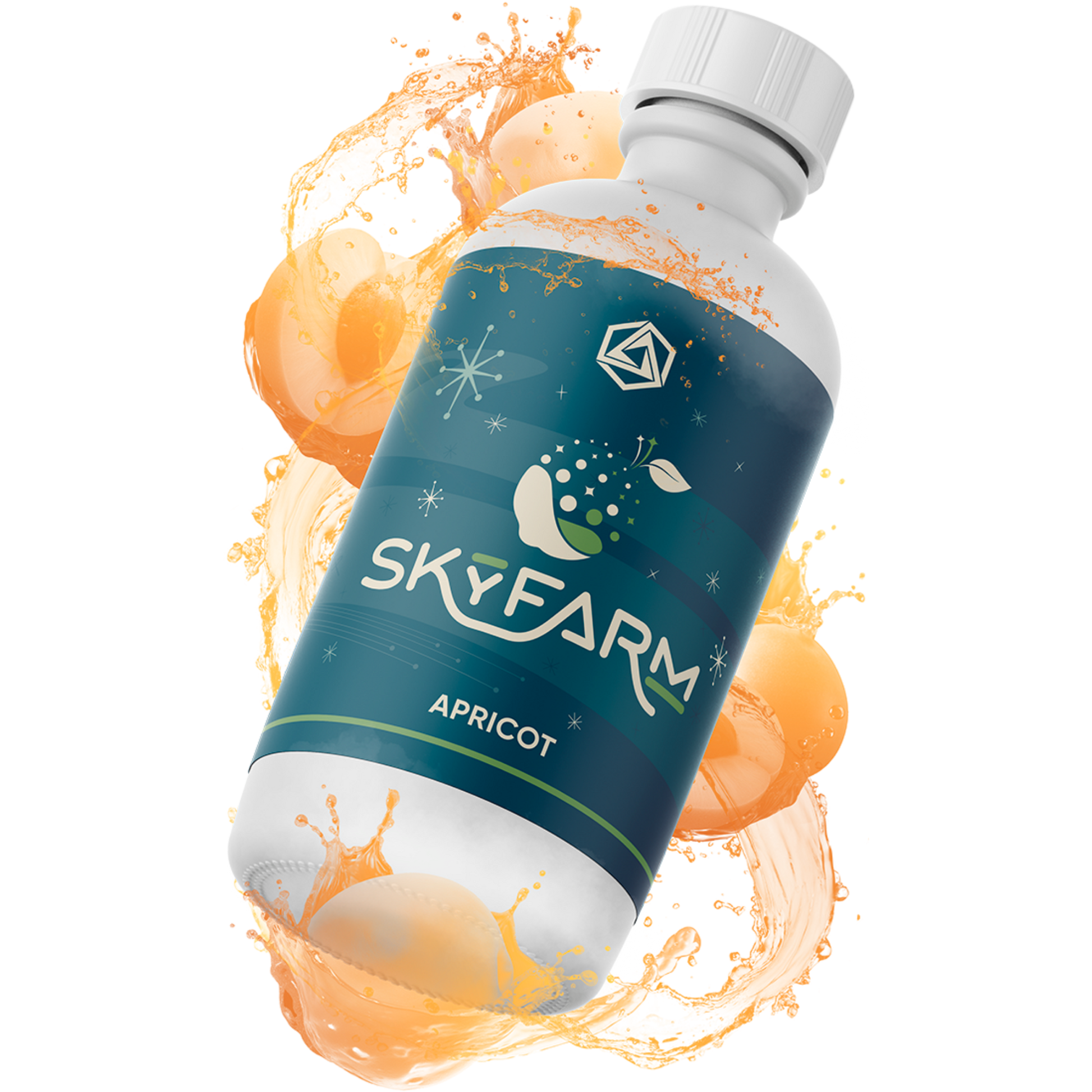 Apricot fruit flavourings - A blue and white bottle labelled as Apricot Skyfarm with orange splashes around the bottle.